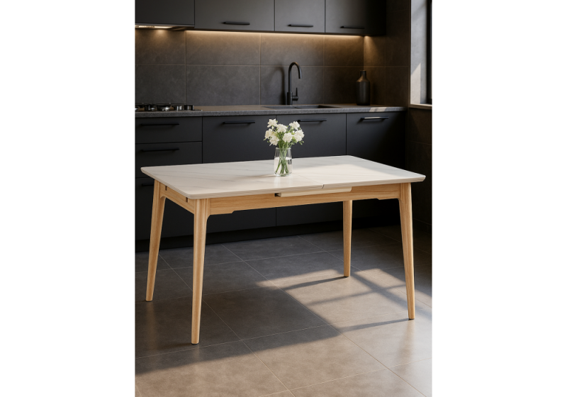 Керамический стол Halmar 140(180)x80 белый спеченный камень / светлое дерево (80x77,5)